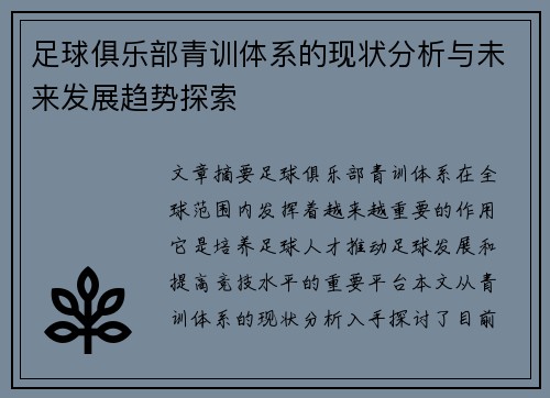 足球俱乐部青训体系的现状分析与未来发展趋势探索